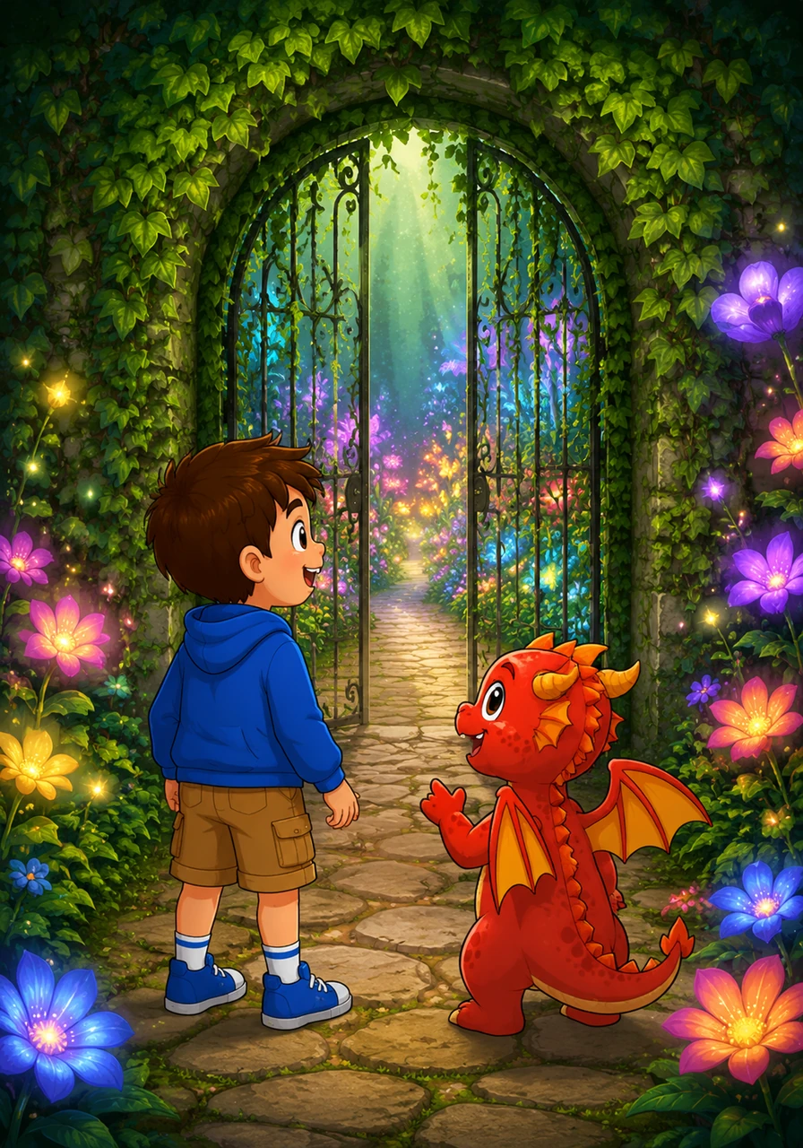 He found a hidden gate covered in thick, green ivy at the end of a winding path. Behind it, a magical garden grew in perfect silence, filled with glowing flowers of every color.