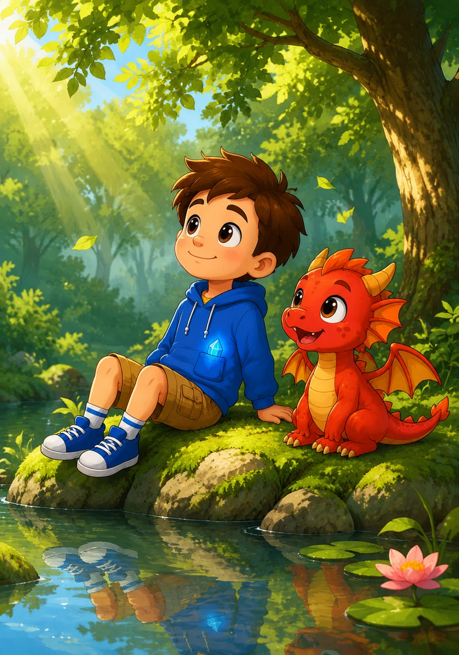 Oliver sat on a soft, mossy stone near a quiet, reflective pond. He felt the warm sun on his face and listened to the gentle rustle of the leaves above him.