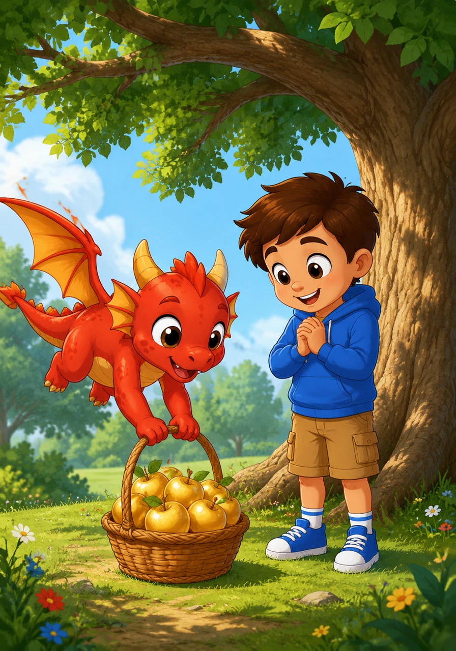 A small, friendly dragon flew down from the branches of a tall oak tree. It brought a wicker basket filled with golden apples and placed them gently at Oliver's feet.