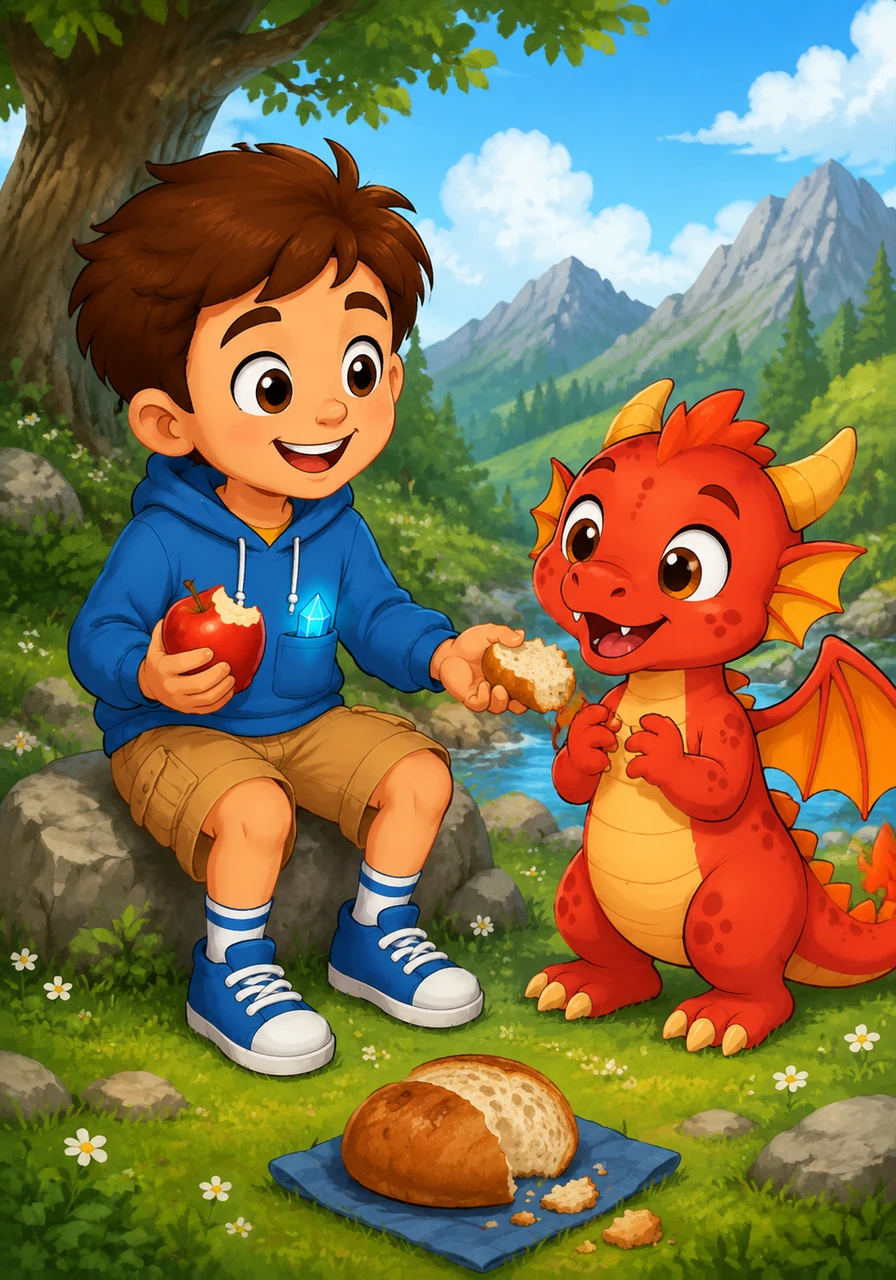 Oliver ate a sweet, juicy apple and smiled brightly at his new companion. He gave a piece of his own crusty bread to the dragon as a sign of friendship.