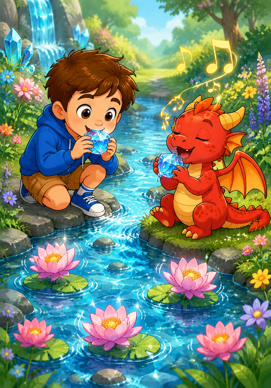 They drank cool, refreshing water from a sparkling crystal stream that flowed through the garden. The dragon sang a soft, humming song that made the nearby lilies dance.