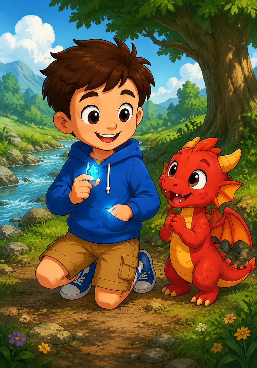 Oliver took a small, glowing crystal from the soft earth near the stream. He kept it safely in his pocket as a precious reminder of this wonderful day.