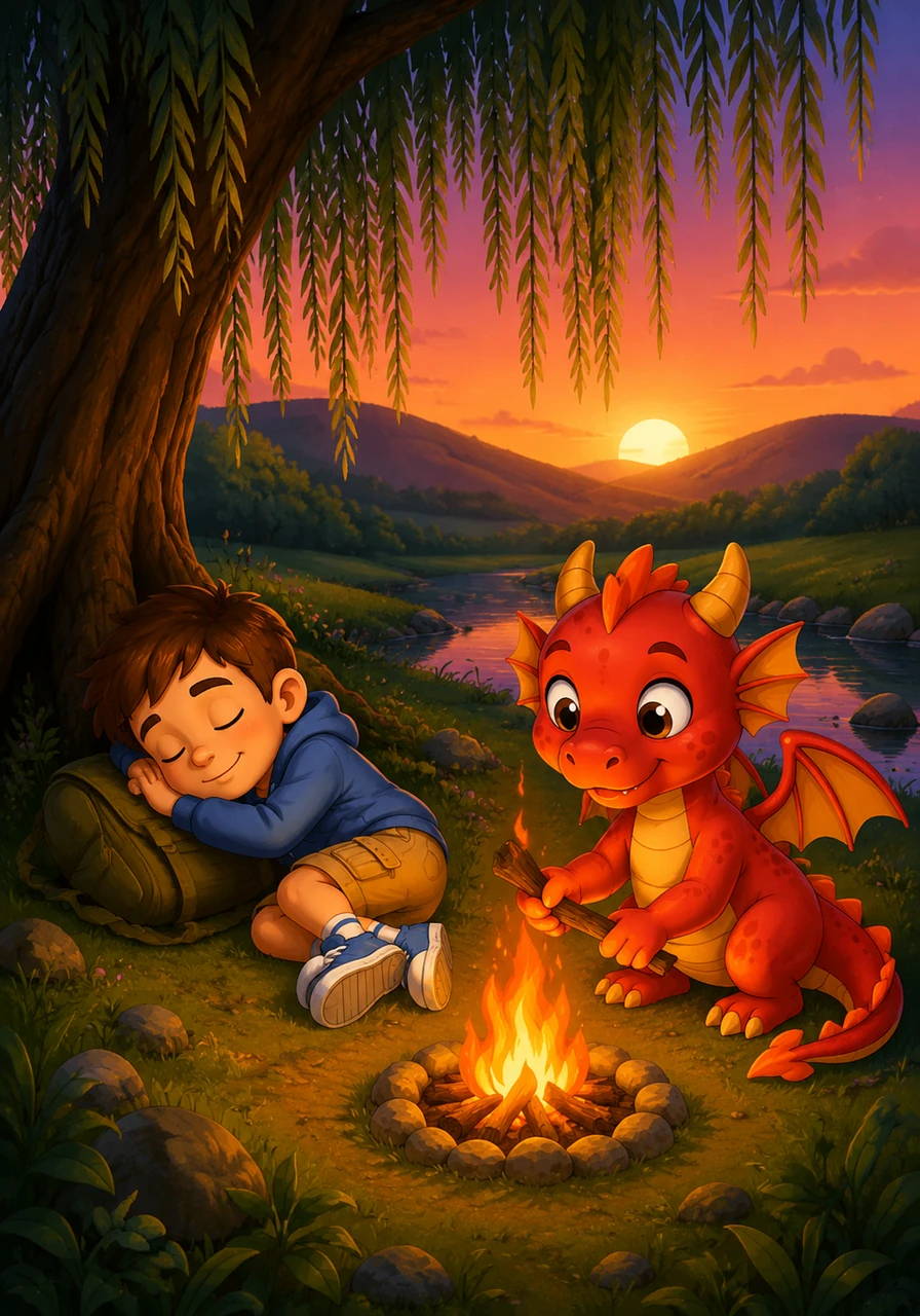 As the sun set behind the rolling hills, Oliver slept soundly under the branches of a weeping willow tree. The dragon built a small, warm fire to keep the night chill away.