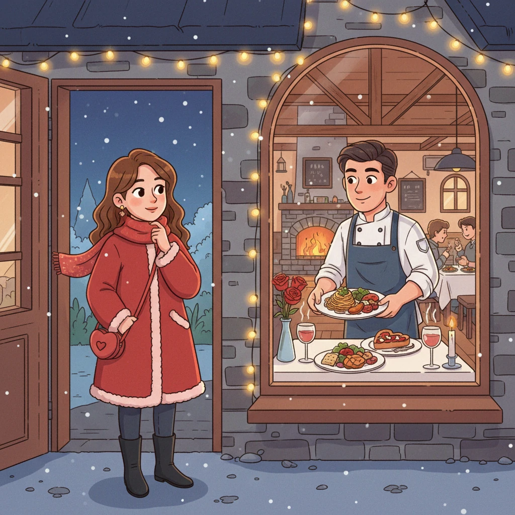 The Valentine's Day evening was chilly, a stark contrast to the warmth of the lovers' hearts. Mei, clad in a fashionable coat, arrived at the restaurant where Feng had prepared her favorite dishes for the fourth consecutive year. Although the food was delicious, her mind was set on a different kind of romance.