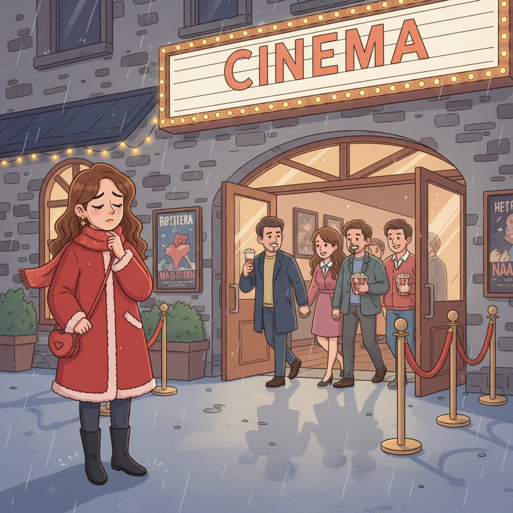 As the minutes ticked by, and Feng remained absent, Mei's disappointment grew. She watched couples stroll through the cinema entrance, hand in hand. A wave of sadness washed over her as she realized Feng wasn't coming.