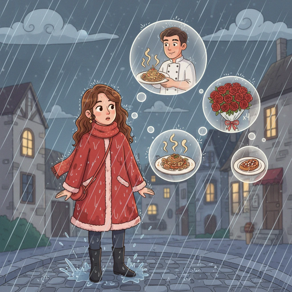 Suddenly, the sky opened up, and the rain began to fall. Mei was caught in the downpour, her clothes becoming soaked. Memories of Feng's gestures, from his thoughtful dishes to the roses he had sent for four years, filled her mind.