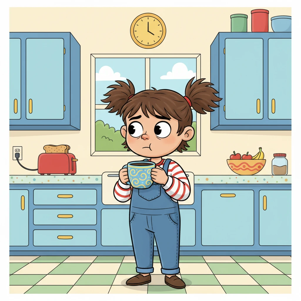 Sam stands in her brightly colored kitchen, a vibrant but unsettling silence filling the air. She sips her coffee, her brow furrowed with a subtle, nagging worry that has recently settled into her peaceful routine. The cheerful patterns on her mug seem to mock the growing unease in her heart.