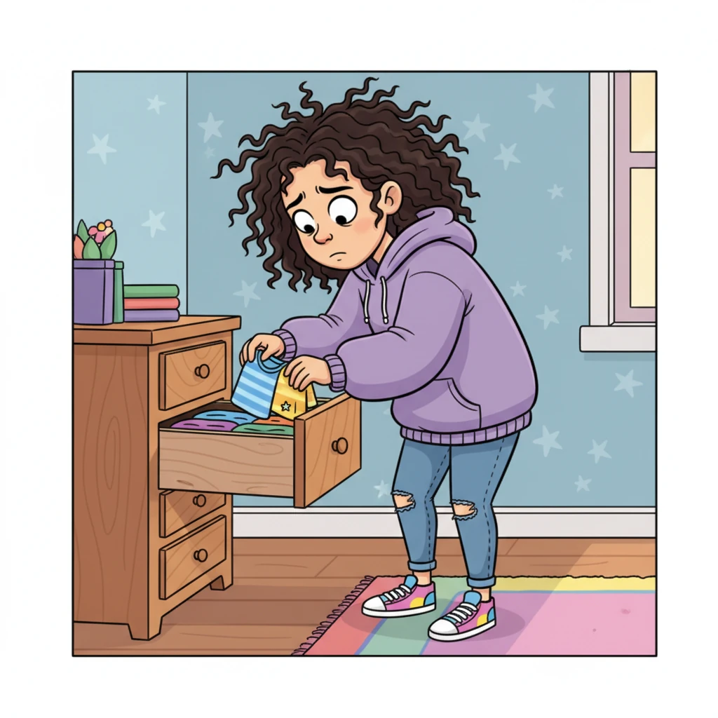 Later, in her bedroom, Sam meticulously searches a drawer full of neatly folded clothes, her expression puzzled. She’s looking for a small, silver stud earring, a familiar piece of jewelry that has mysteriously vanished. This small disappearance ignites a flicker of suspicion.