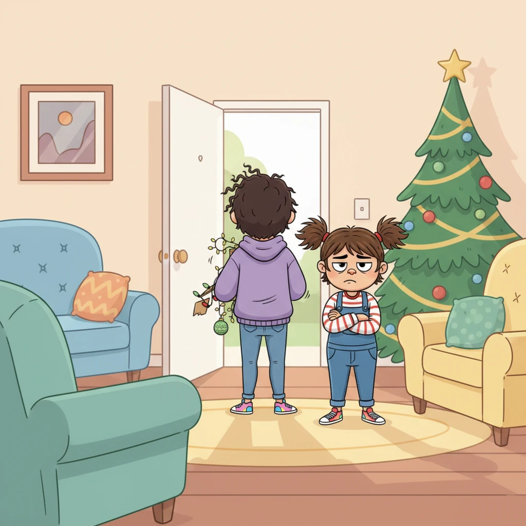 The vivid living room feels heavy with unspoken words as Jack's back is to Sam, silhouetted against the open front door as he leaves. Sam stands with her arms crossed, a pained and resolute expression on her face, the lingering echo of a difficult conversation hanging in the air.