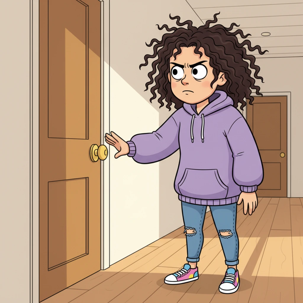 Walking down a sunlit hallway, Sam pauses, her hand hovering over a doorknob. Her posture is thoughtful, a determined frown creasing her brow. A powerful gut feeling tells her that something is amiss, a secret lurking just beyond her sight, prompting her to act.