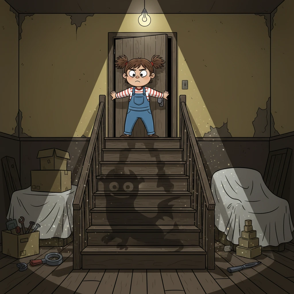 With a deep, shaky breath, Sam pushes open the creaky basement door. A single, bare lightbulb casts long, dancing shadows down the steep wooden stairs, transforming ordinary objects into playful yet eerie shapes. Dust motes shimmer like tiny secrets in the descending light.