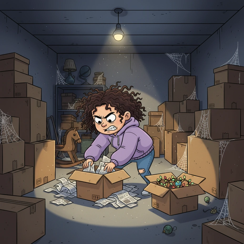 In the dim light of the basement, Sam is a whirlwind of focused energy, rummaging through dusty boxes stacked high against the walls. Playfully exaggerated cobwebs cling to forgotten treasures, but her determined expression shows she's hunting for answers, not just old memories.