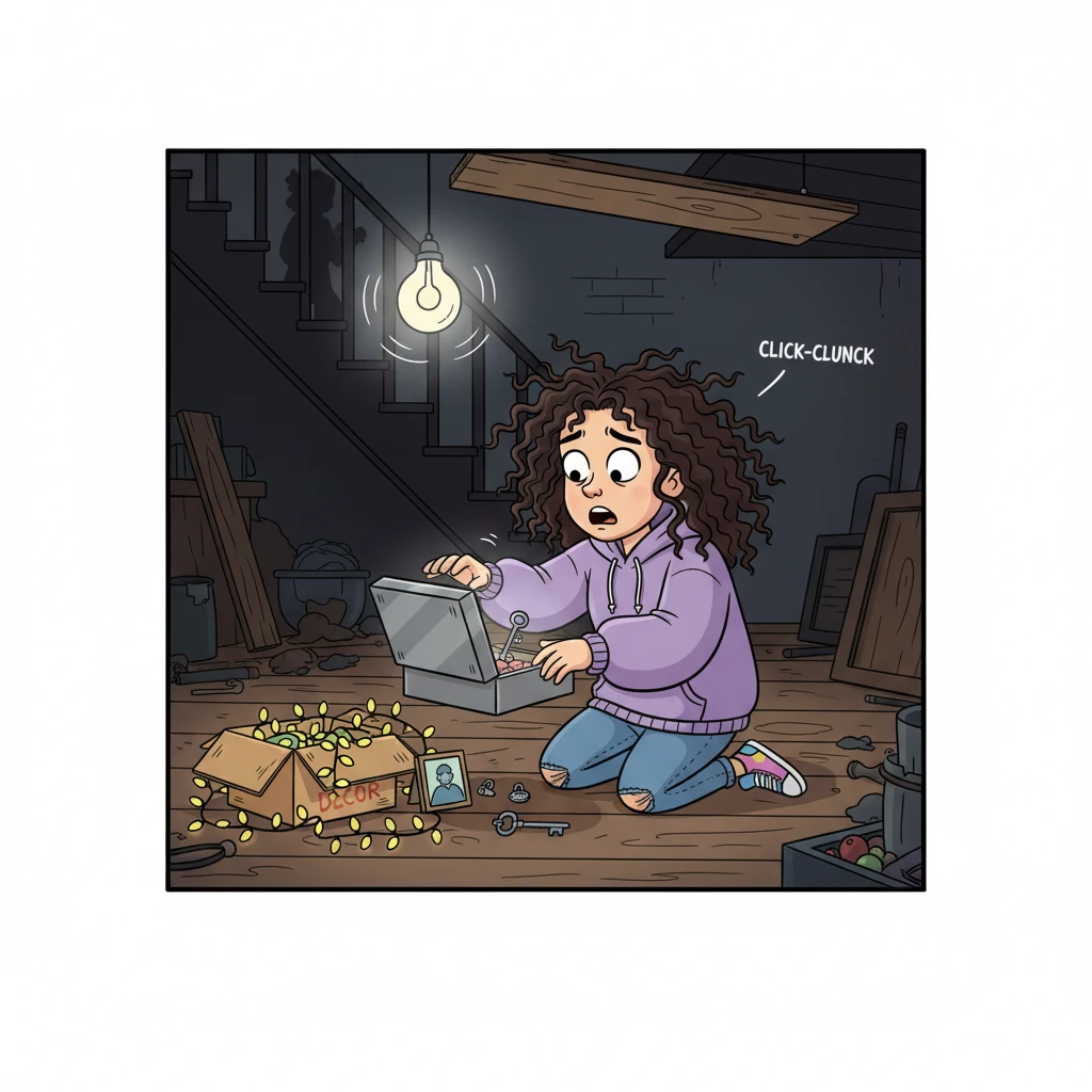 Sam is furious, ripping into a box marked “XMAS DECOR.” She’s not careful. The metal box clatters out, and she jumps back, staring at it—too new, not dusty enough. She kneels, her breathing loud in the dank basement, and fumbles with the latch. It opens. With a sharp intake of breath, Sam gasps, her hand hovering over the contents. She picks up a photo first: it’s of her, through her kitchen window, laughing on the phone, a memory she doesn't recall. Whispering, trembling, she asks, “When…?” She picks up a simple silver stud earring, touching her own bare earlobe, remembering she had looked for this. Then she sees the key, cold in her hand, and recognition is instant and visceral. To herself, in a horrified realization, she whispers, “The rock. The stupid fake rock.” She remembers buying it, a 'security' measure, and putting the spare key under it the day they moved in—a secret she never told Jack, a memory she’d forgotten until this moment. She closes her fist around the key, the metal biting into her palm, solid, terrifying proof. Her fear crystallizes into cold rage. Louder, to the empty house, she declares, “You were in here. You are in here.” At that exact moment, from upstairs, a distinct, metallic CLICK-CLUNK of the front door deadbolt turning echoes through the house. All rage drains from her face, replaced by pure, primal fear. She looks up at the basement stairs. A floorboard CREAKS directly above her head. Someone is standing in the hallway, right at the top of the stairs. Now there is only the sound of her stifled breath, and the slow, rhythmic SQUEAK of the lightbulb chain beginning to sway above her.