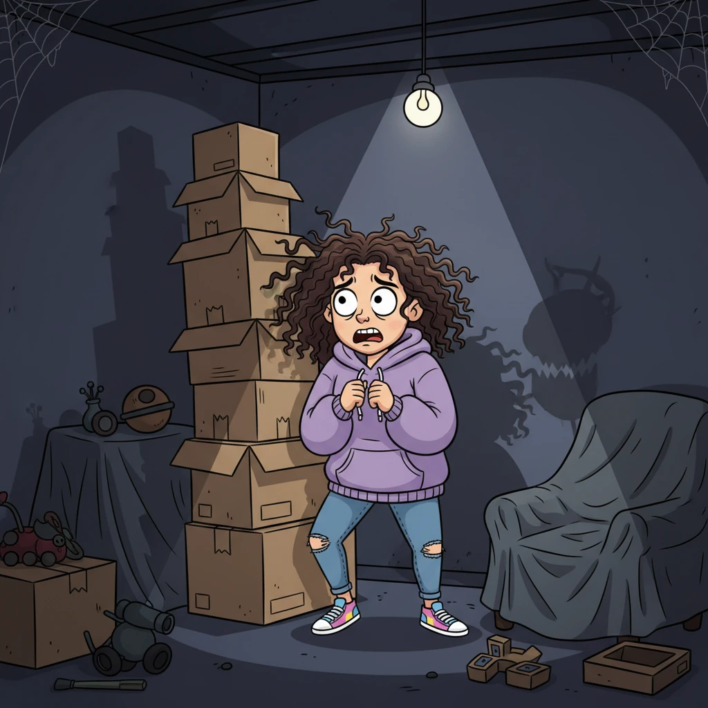 Sam is frozen, pressed tightly against a towering stack of forgotten boxes in the darkest corner of the basement. Her eyes are wide with pure, primal terror, barely daring to breathe. The erratically swaying lightbulb casts monstrous, distorted shadows across the mundane objects around her, making her heart pound like a frantic drum.