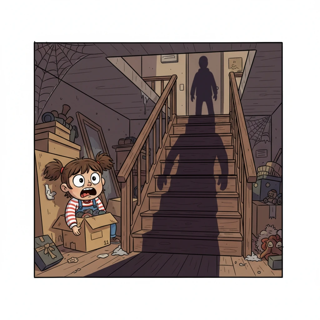 From Sam's cramped hiding spot, a terrifyingly long shadow stretches down the basement stairs, plunging the bottom steps into deeper gloom. The figure at the top of the stairs remains obscured in darkness, but their looming presence is undeniably clear, filling the air with suffocating tension.