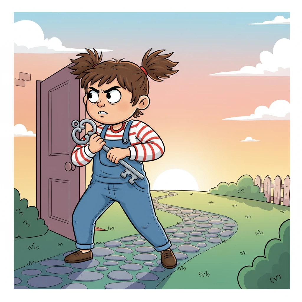 As the first rays of dawn paint the sky in bright, hopeful hues, Sam bursts out of her house, her face a mix of fear and fierce resolve. She glances back over her shoulder one last time, clutching the cold metal key tightly in her hand. The long shadows of the new day stretch behind her, marking the beginning of a daunting but determined path forward.