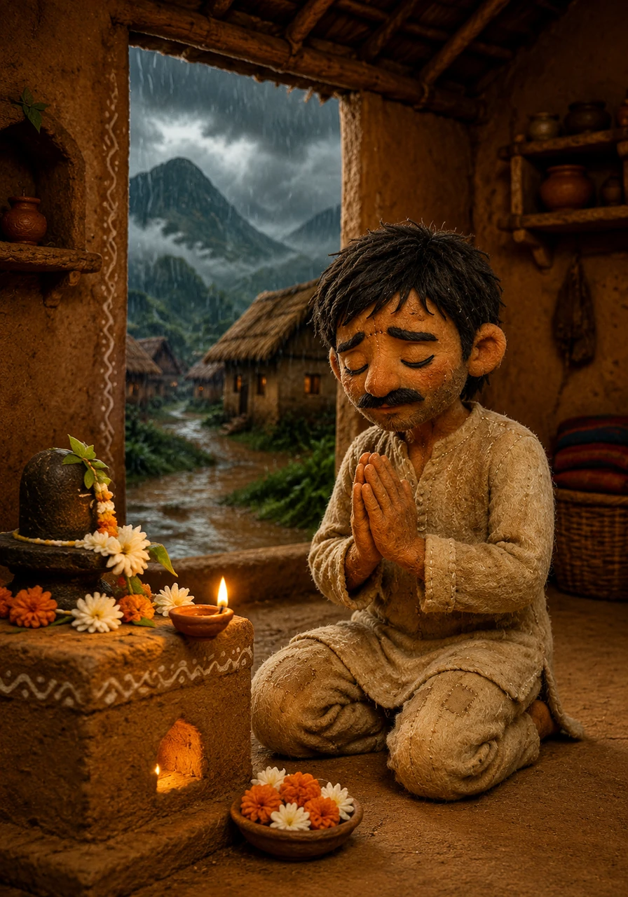In a small, serene village nestled near the mountains, a humble man named Ramu lived in a modest mud hut. While the monsoon clouds gathered in the sky, marking the holy month of Sawan, Ramu prepared his mind and heart for prayer.