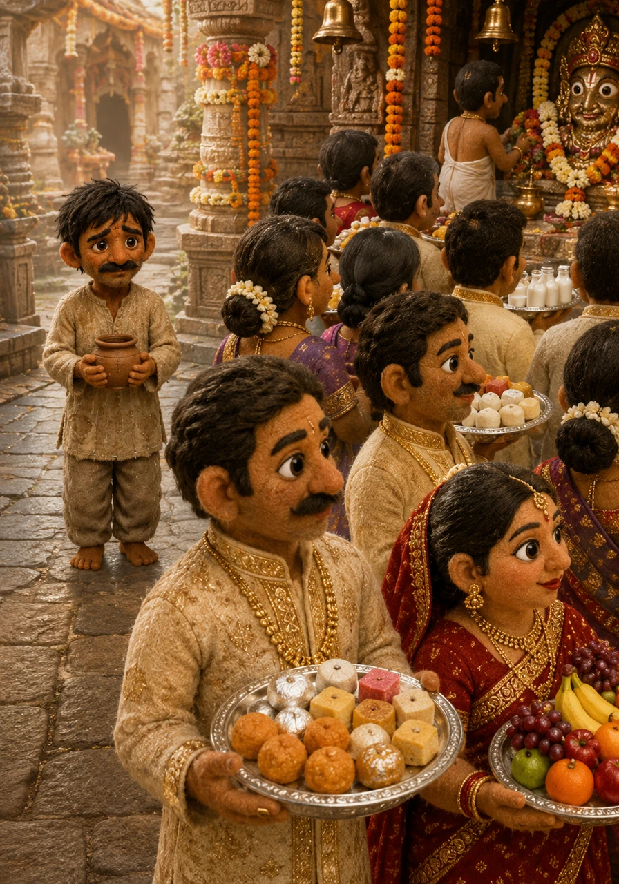The village temple was lively with wealthy devotees carrying silver plates filled with expensive sweets, fresh fruits, and fragrant milk offerings. Ramu stood quietly at the back of the crowd, holding only a simple clay pot filled with clean water from the river.