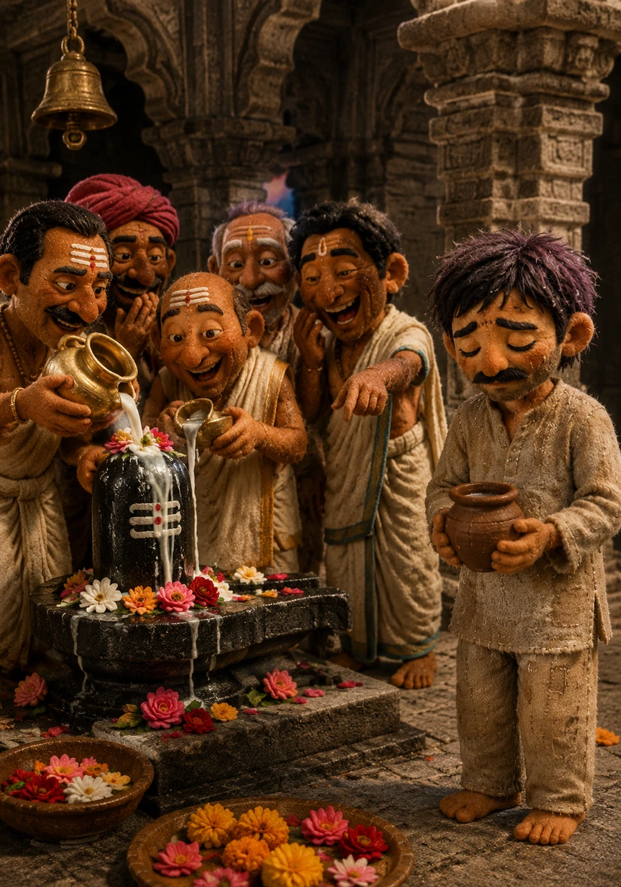 As the other villagers poured rich milk and showered flowers onto the sacred Shiva Lingam, they looked back at Ramu and began to whisper. They mocked his poverty, laughing at the thought that a mere pot of water could ever please the heavens.