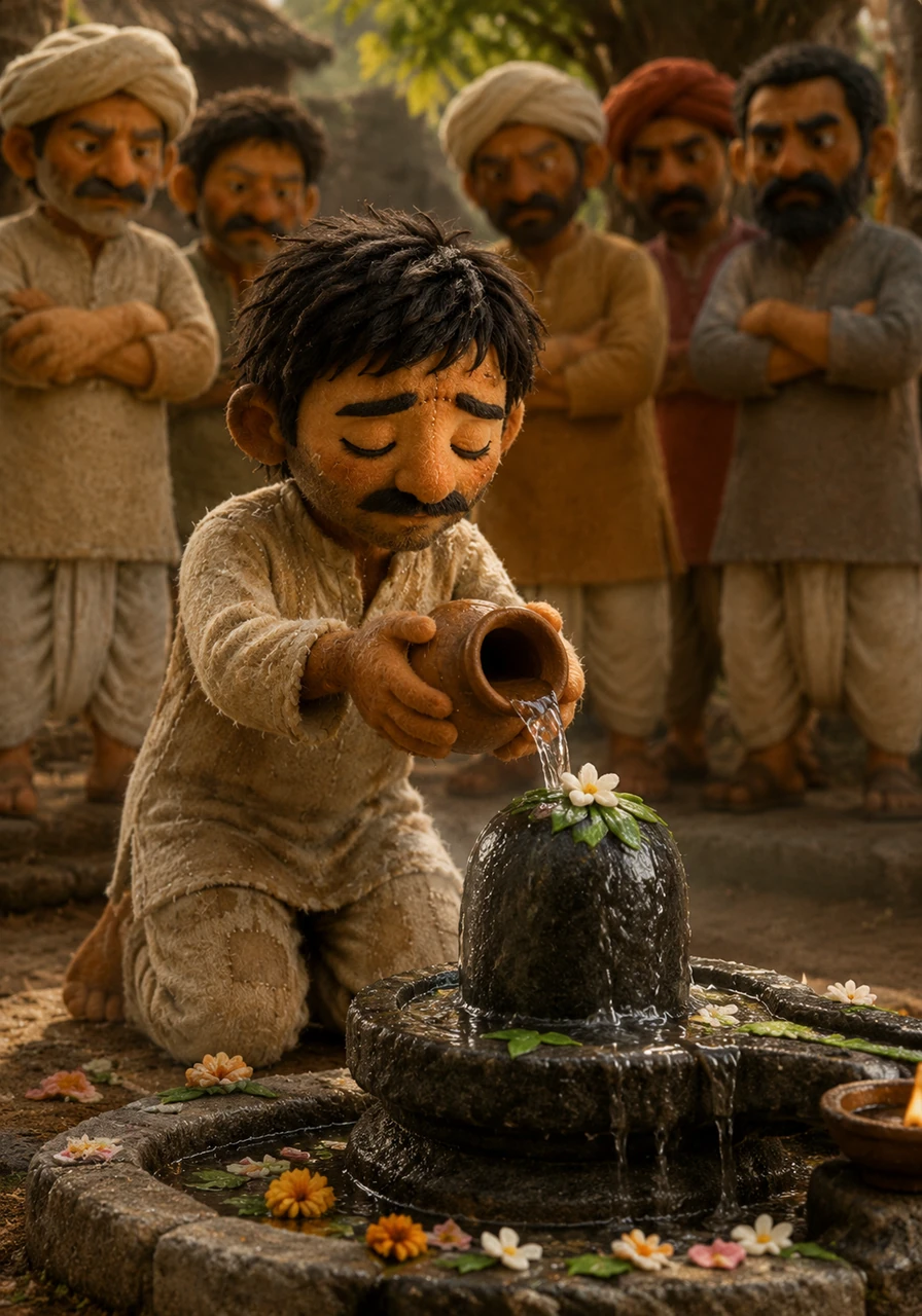 Undeterred by their harsh words, Ramu closed his eyes and knelt before the shrine with immense reverence. With a heart full of pure love and devotion, he gently poured the cool water over the stone, offering the only thing he possessed.