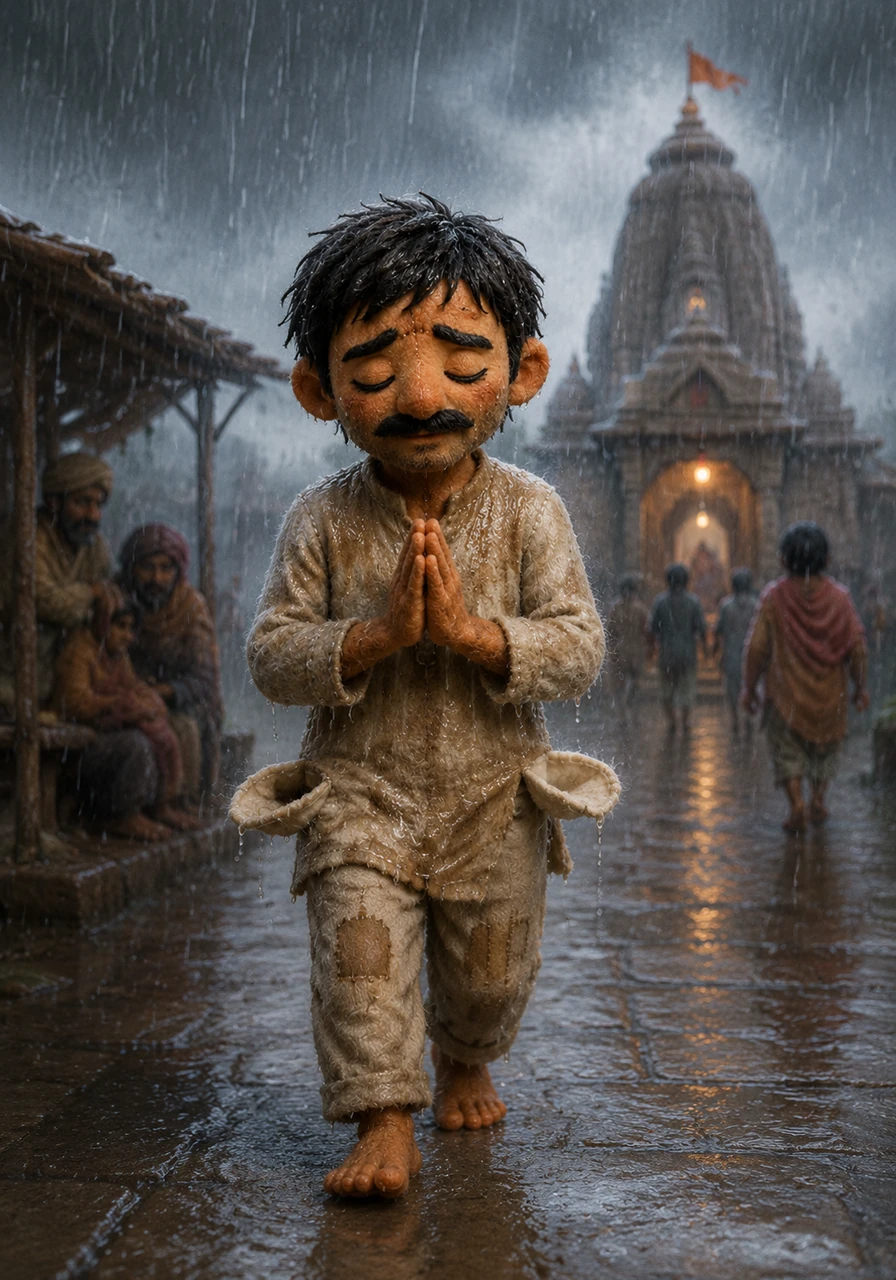 Day after day, through the heavy downpours of Sawan, Ramu walked to the temple every Monday without fail. His clothes were soaked and his pockets were empty, but his faith remained unshakable as he repeated his simple ritual.
