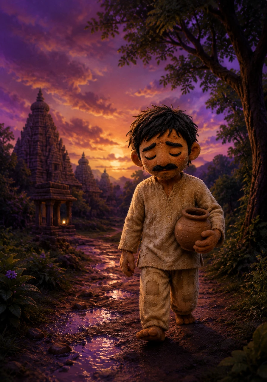 One evening, as twilight painted the sky in shades of purple and gold, Ramu began his walk back home through a secluded path near the ancient temple woods. The air felt mysteriously calm, and the scent of rain-soaked earth was sweet.