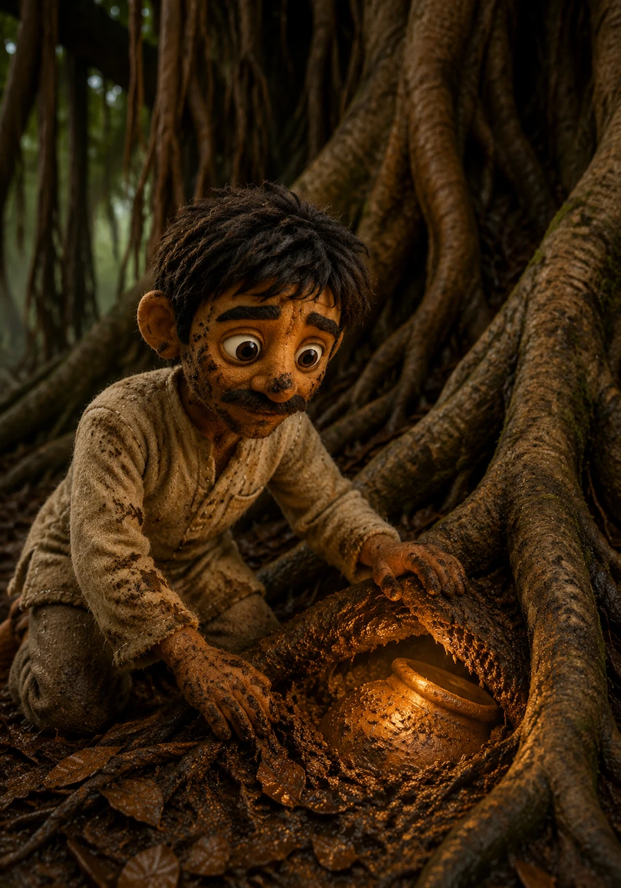 Suddenly, a strange, warm glow caught his eye from beneath the roots of a grand banyan tree. Brushing away the fallen leaves and wet mud, he uncovered the rim of a heavy, ancient container hidden in the earth.