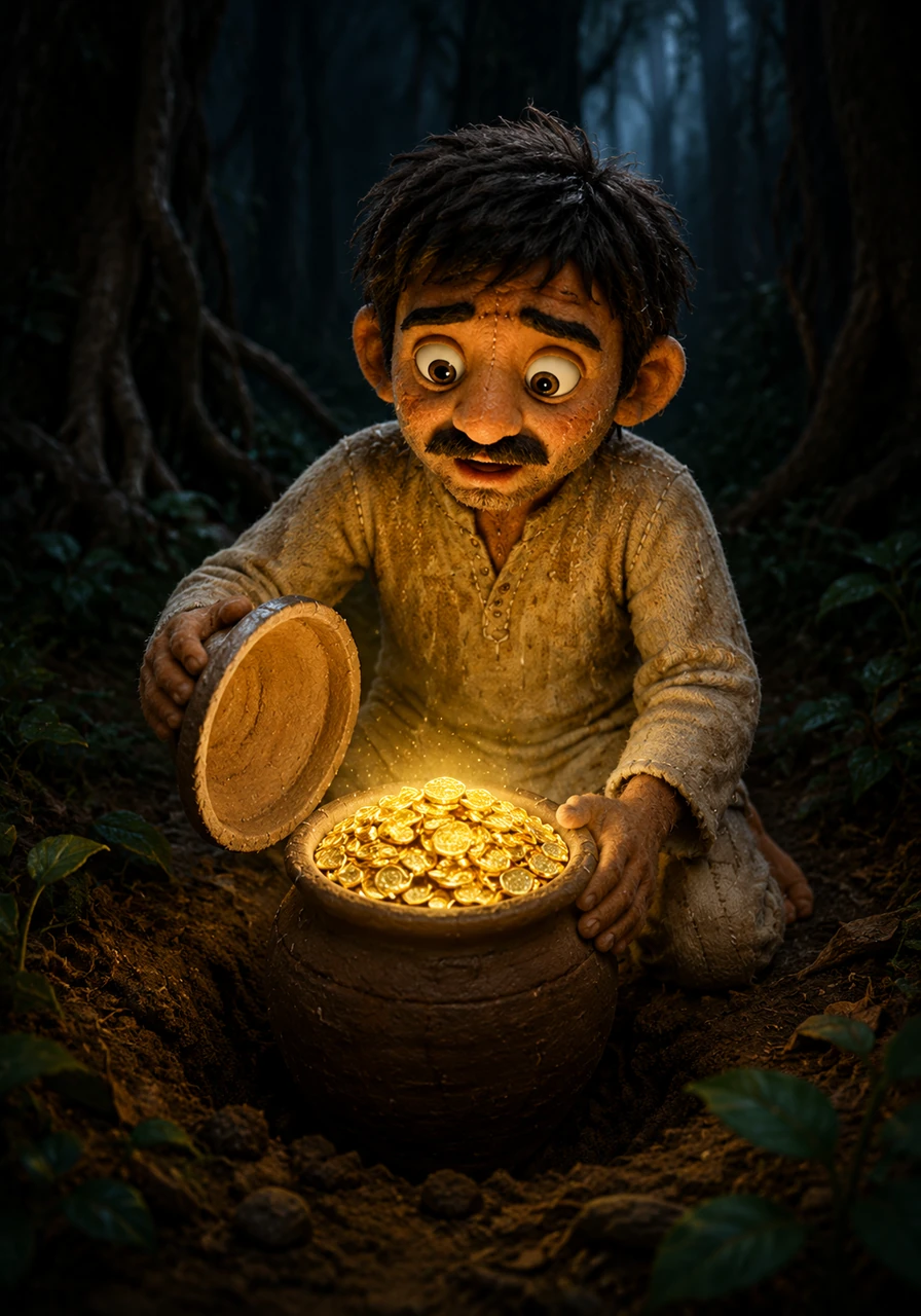 With gasping breath, Ramu pulled the heavy container out and opened the lid to find it filled to the brim with glittering gold coins. A soft, warm light seemed to radiate from the treasure, illuminating the dark forest around him.