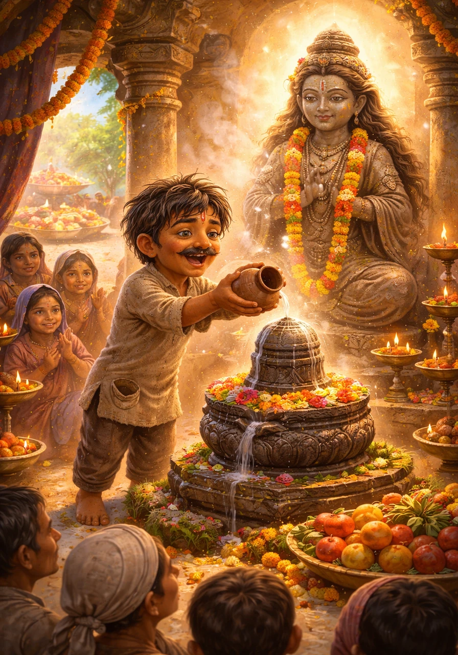 The next Monday, Ramu returned to the temple, not to show off wealth, but to share his joy and feed the entire village. He poured the simple water once again, proving to everyone that true devotion requires nothing more than a sincere soul.
