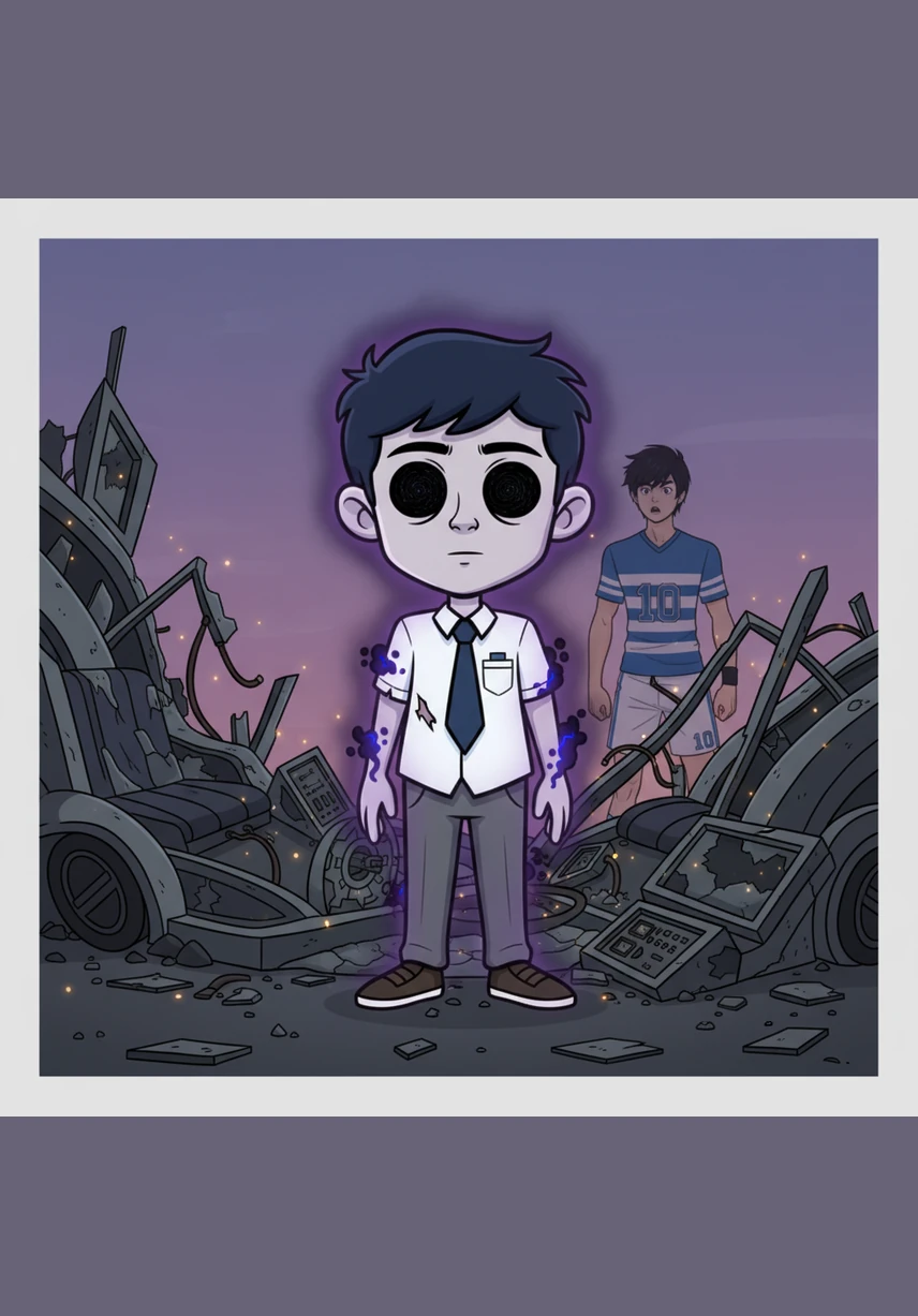 Elias stepped out from the wreckage, his skin shimmering with a faint, dark aura and his eyes reflecting an endless, empty sky. He was no longer the boy who trembled; he was something much older and far more dangerous.