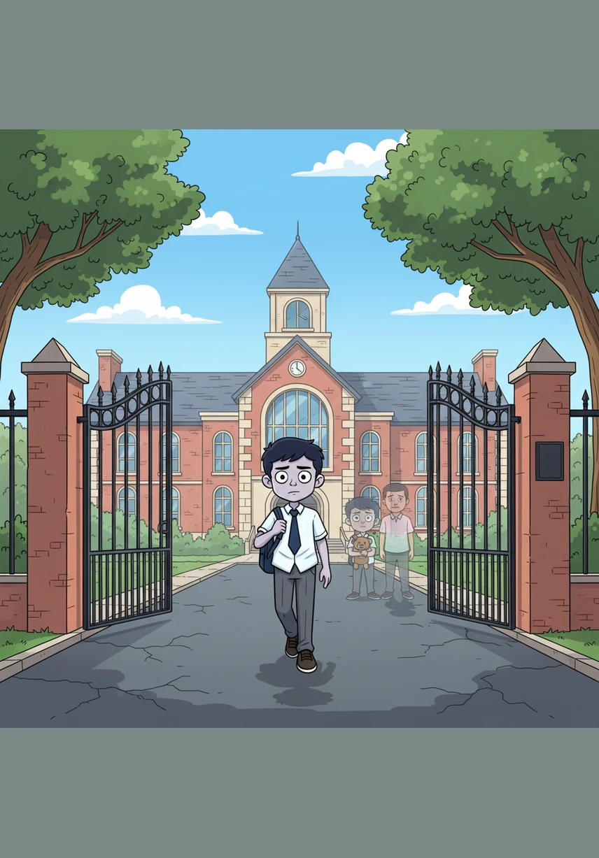 As he walked toward the school gates, the building behind him began to dissolve into a swirling vortex of shadow and ash. He left behind the ruins of his former life, his footsteps leaving cracks in the pavement that glowed with violet energy.