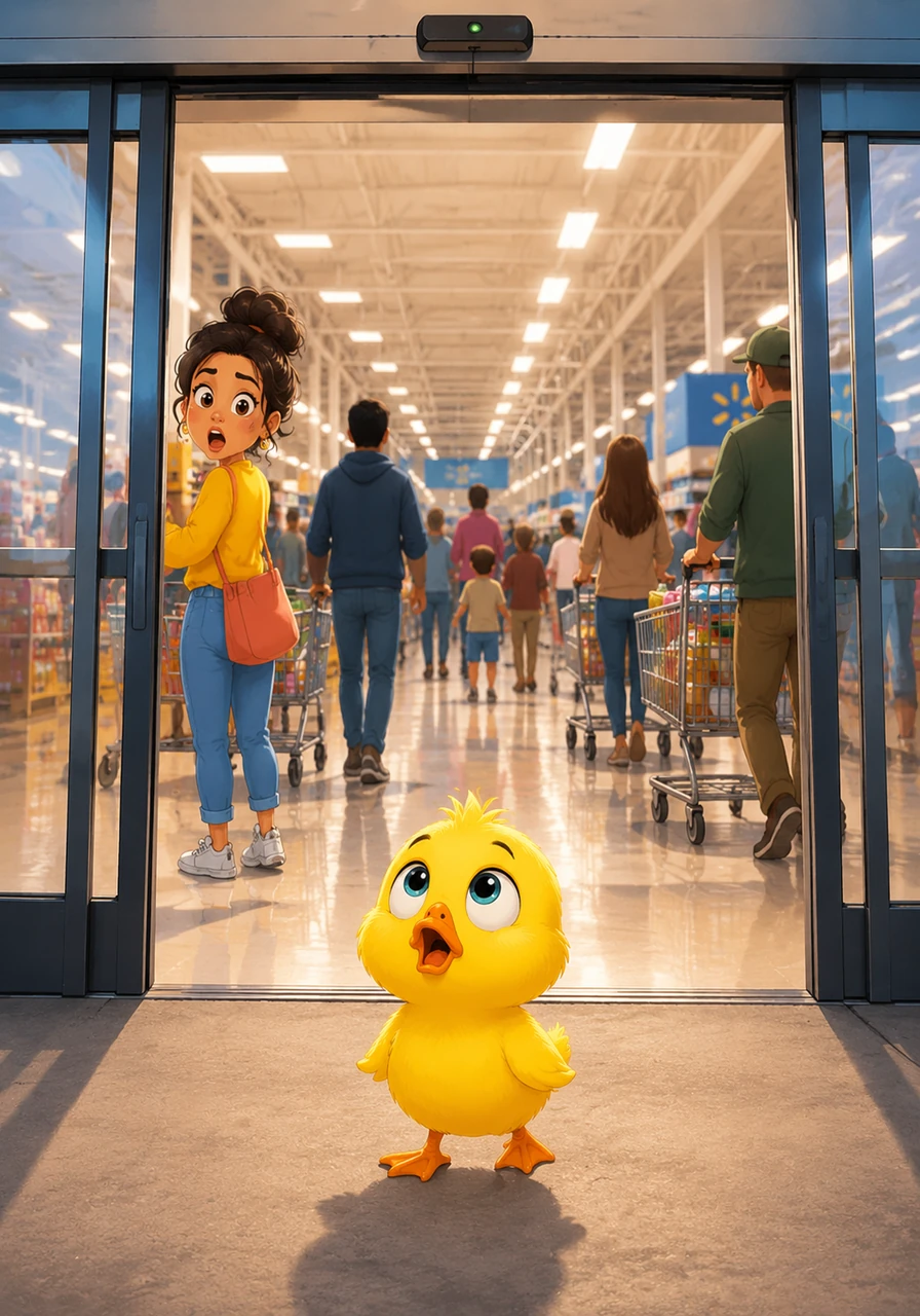 A tiny, fluffy yellow duck named Dinky stands just outside the towering glass entrance of a massive Walmart superstore. His wide, glossy eyes blink in absolute wonder as the giant automatic doors suddenly whoosh open, revealing a bright, bustling world inside.
