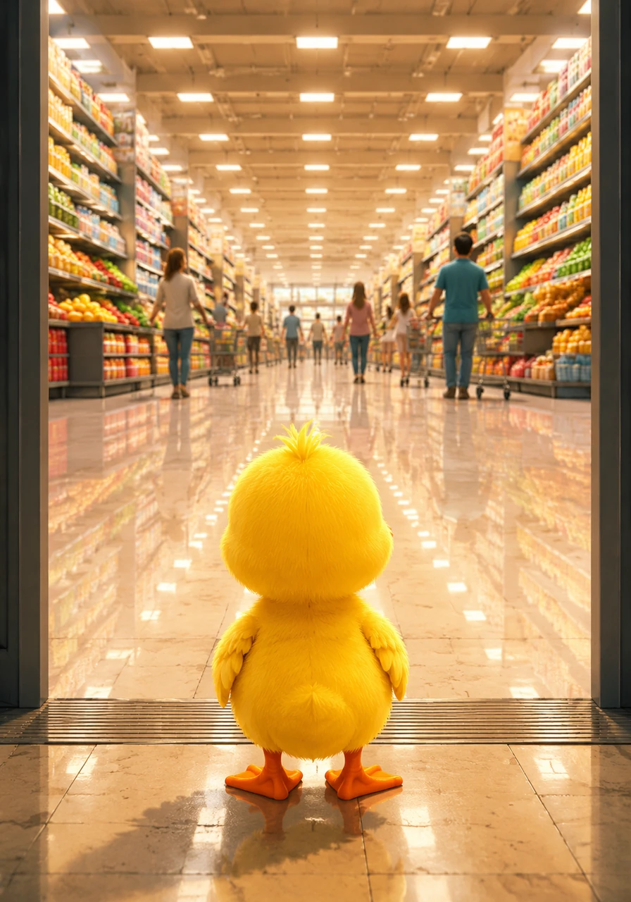 Dinky waddles across the threshold, his webbed feet pattering softly on the shiny, polished floors. He stops dead in his tracks, utterly mesmerized by the endless, towering aisles that stretch out as far as his little eyes can see.