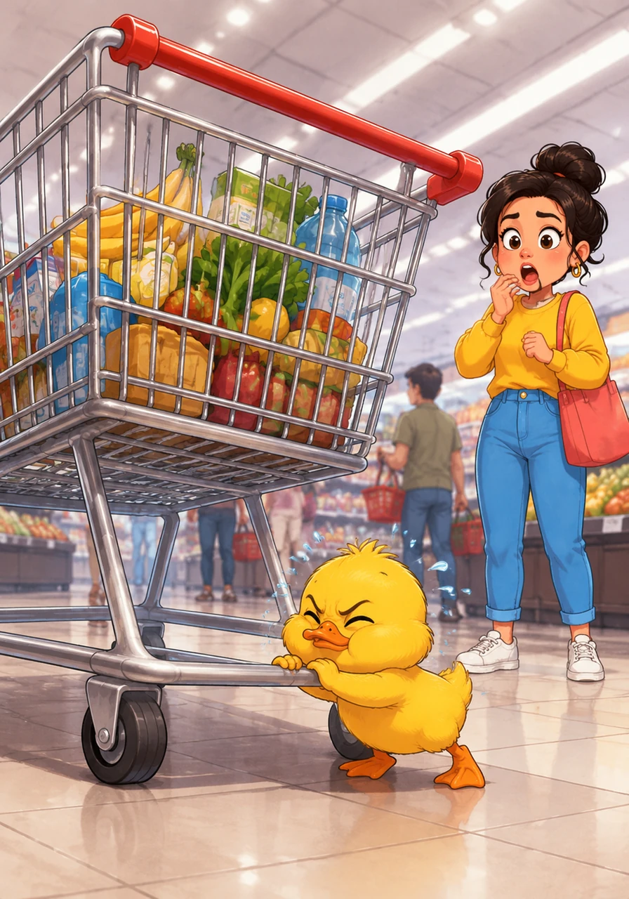 Determined to be a proper shopper, Dinky approaches a massive silver shopping cart that towers over him like a skyscraper. He grips the bottom metal bar with his tiny wings, straining and puffing out his cheeks in a hilarious attempt to push the giant contraption.