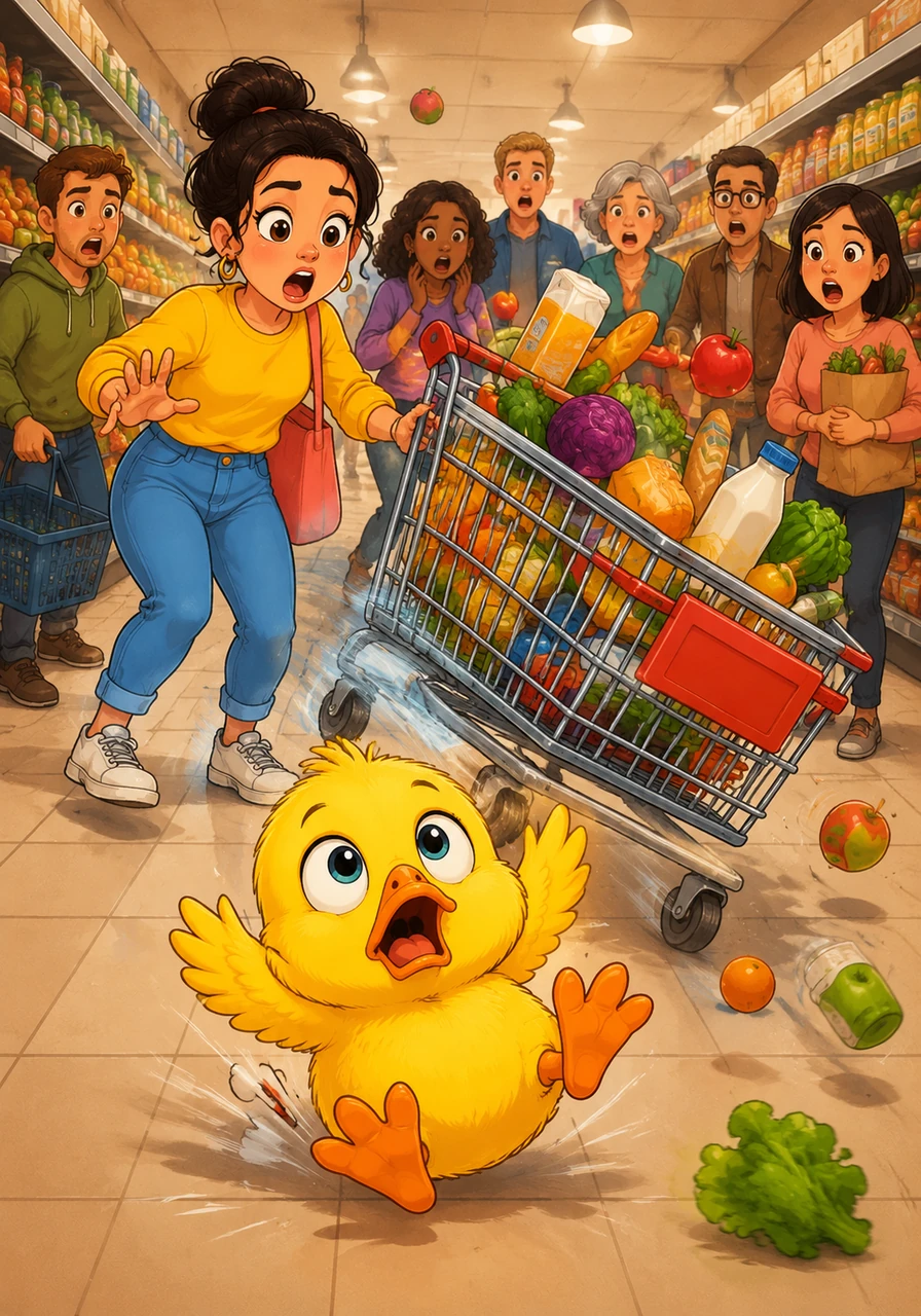 With a mighty heave, Dinky loses his footing and tumbles backward, sending the oversized cart rattling forward completely out of control. Shoppers in the aisle turn their heads in shock, gasping as the runaway cart cuts through the crowd.