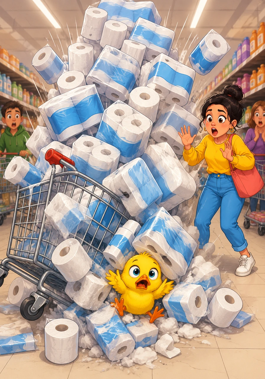 The runaway cart smashes directly into a massive, towering display of toilet paper packages at the end of the aisle. The entire paper pyramid wobbles for a dramatic second before collapsing into a soft, chaotic avalanche right on top of the startled little duck.