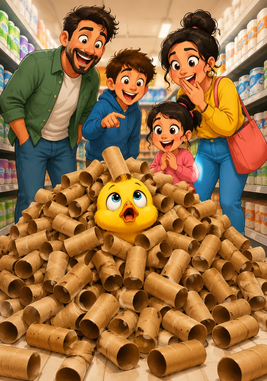 Dinky pops his head out from a mountain of loose, rolling paper towel tubes, dizzy but completely unharmed. A nearby family bursts into laughter at the sight of the confused little duck wearing a cardboard tube like a crown.