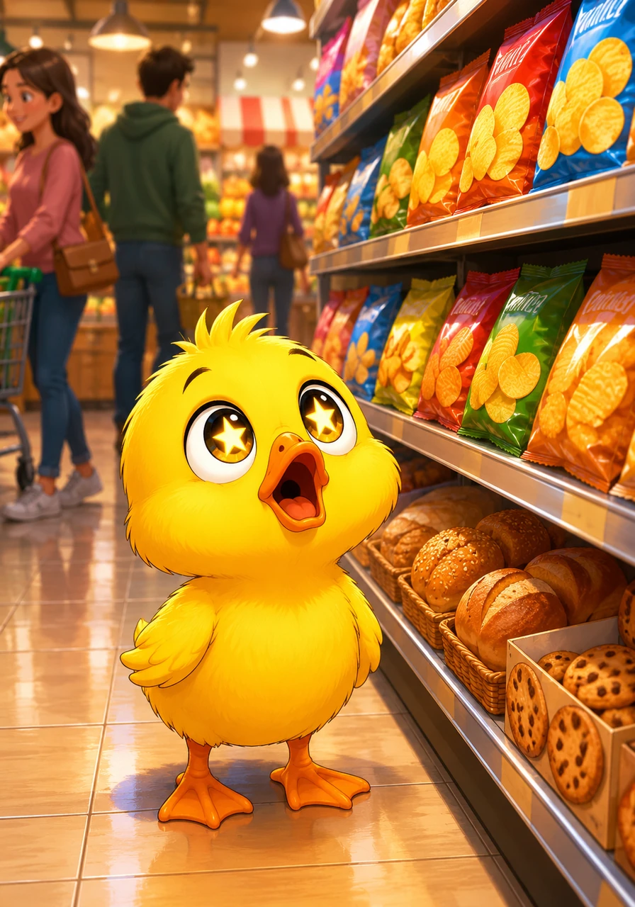 Shaking off the paper, Dinky follows a delicious aroma and discovers the holy grail: the snack aisle. His eyes instantly transform into bright stars as he stares at the colorful walls of potato chips, cookies, and fresh loaves of bread.