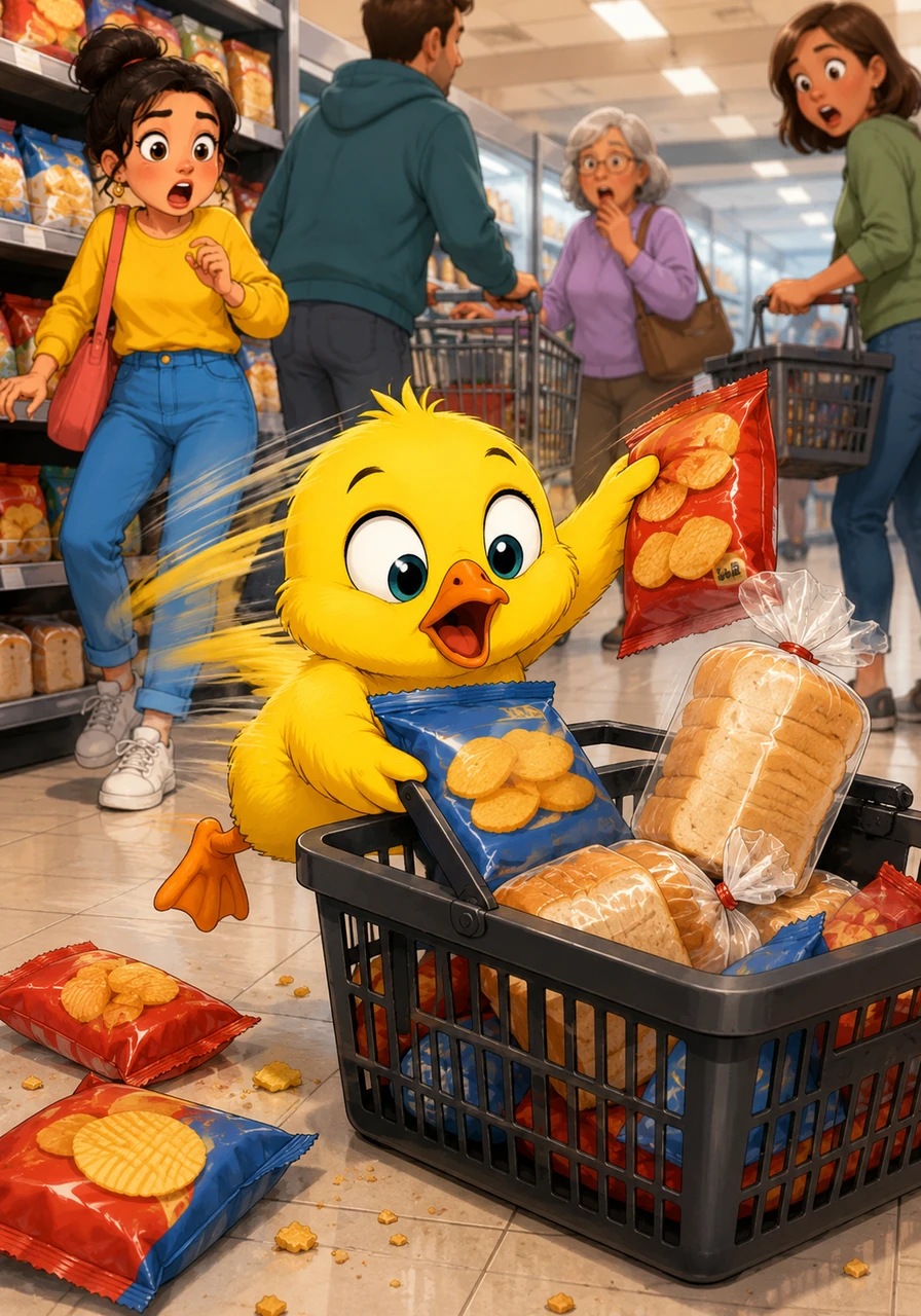 With newfound energy, Dinky leaps into action, tossing bags of barbecue chips and fluffy sandwich bread into a discarded, lower shopping basket. He works with comical speed, his tiny wings blurring as he gathers his ultimate feast.