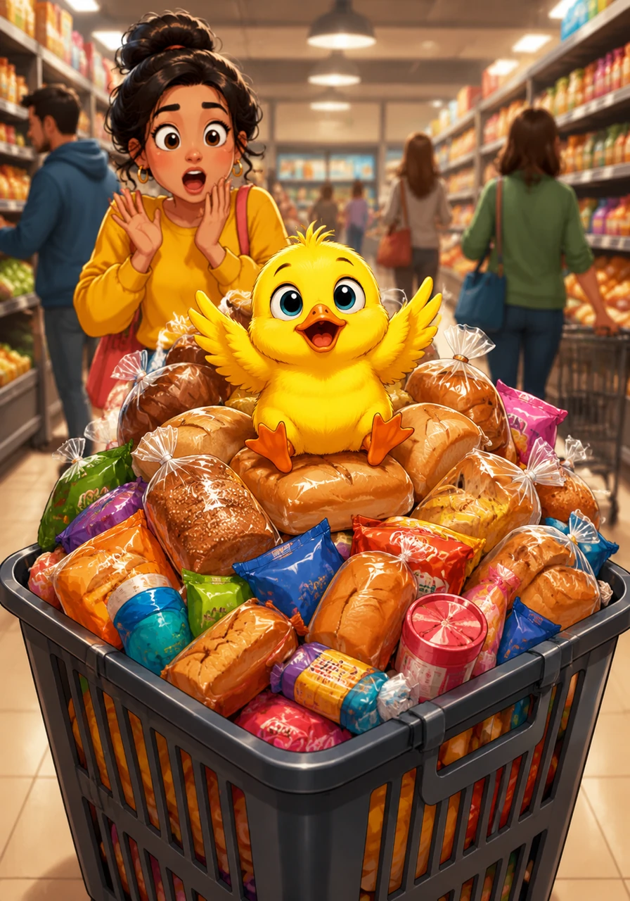 Unable to push the heavy basket, Dinky cleverly climbs up the side and hops right into the middle of his snack mountain. He sits comfortably on a cushion of bread loaves, looking like the proudest king of the grocery store.