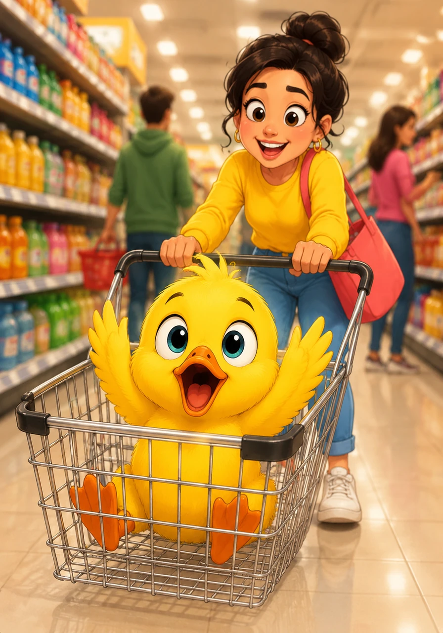 A friendly shopper gives the basket a gentle push, sending Dinky coasting smoothly down the bright, shiny main aisle. The little duck throws his wings in the air with a joyful quack, celebrating the most epic shopping trip of his life.