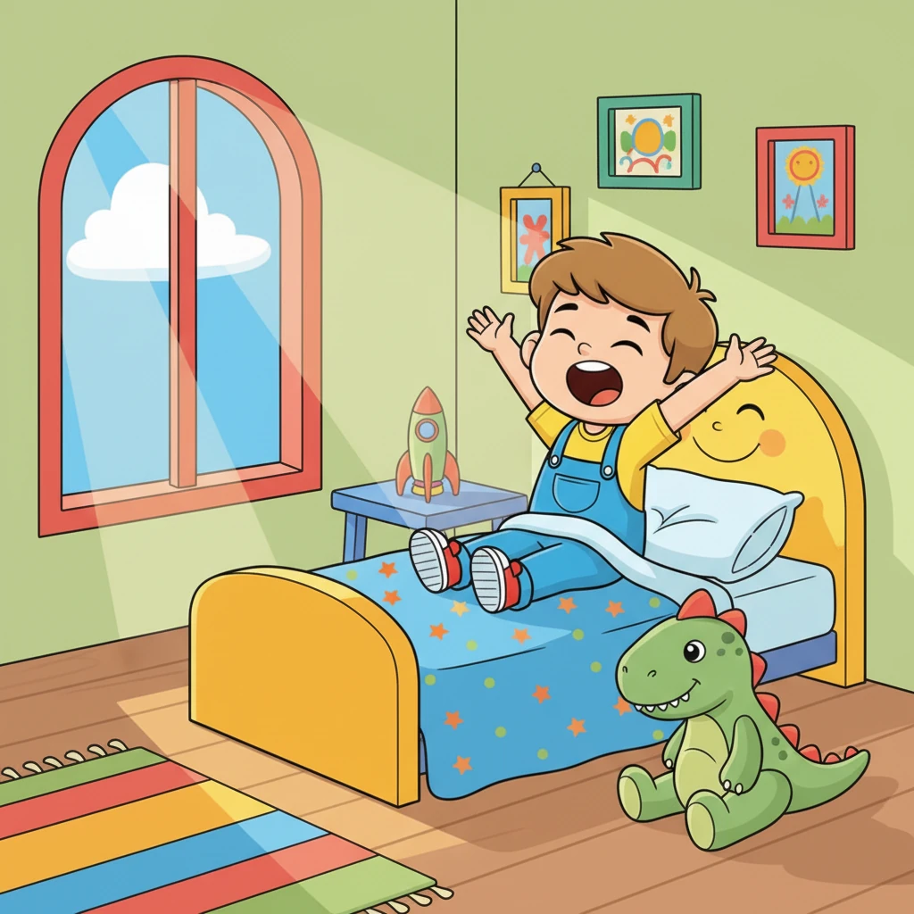 Leo wacht in seinem bunten Zimmer auf. Die Sonne scheint fröhlich durch das Fenster. Er streckt sich mit einem großen Gähnen und einem Lächeln. Ein neuer Tag voller Abenteuer beginnt.