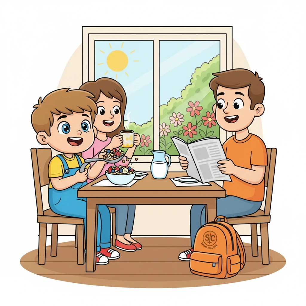 Am Frühstückstisch sitzt Leo mit seiner Familie. Er isst eine Schüssel gesundes Müsli mit Obst. Seine Schultasche mit dem Savio College Logo wartet schon neben ihm. Er ist bereit für einen guten Start in den Tag.