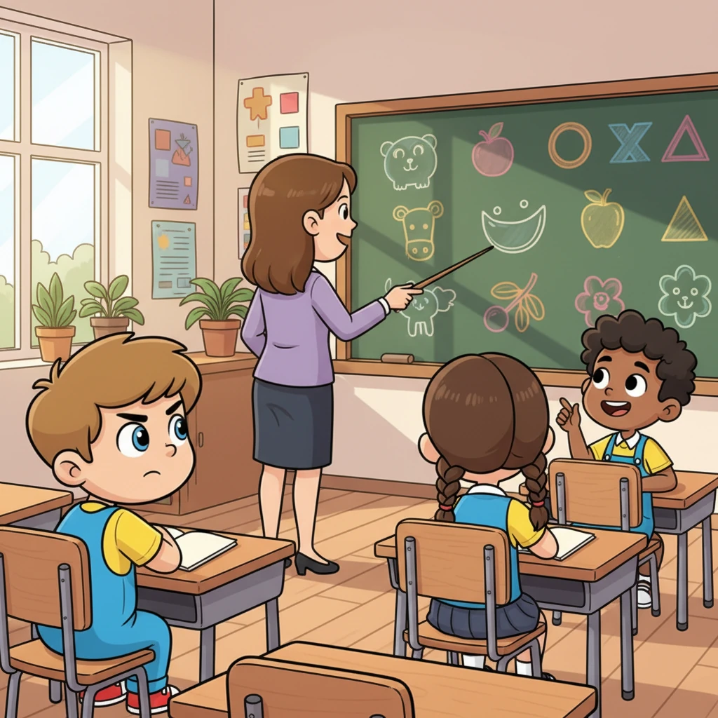 In der Schule, dem Savio College, sitzt Leo konzentriert an seinem Pult. Er hört der Lehrerin zu, die mit bunten Bildern an der Tafel erklärt. Seine Freunde lachen leise neben ihm. Lernen macht Spaß!