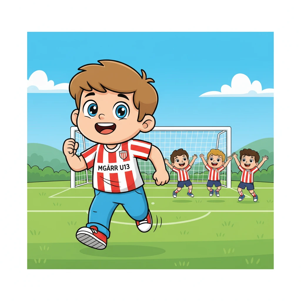 Nach der Schule rennt Leo mit seinem Fußballtrikot der U13 von Mgarr zum Fußballplatz. Der grüne Rasen und die Tore rufen ihn. Seine Teamkollegen warten schon voller Energie.