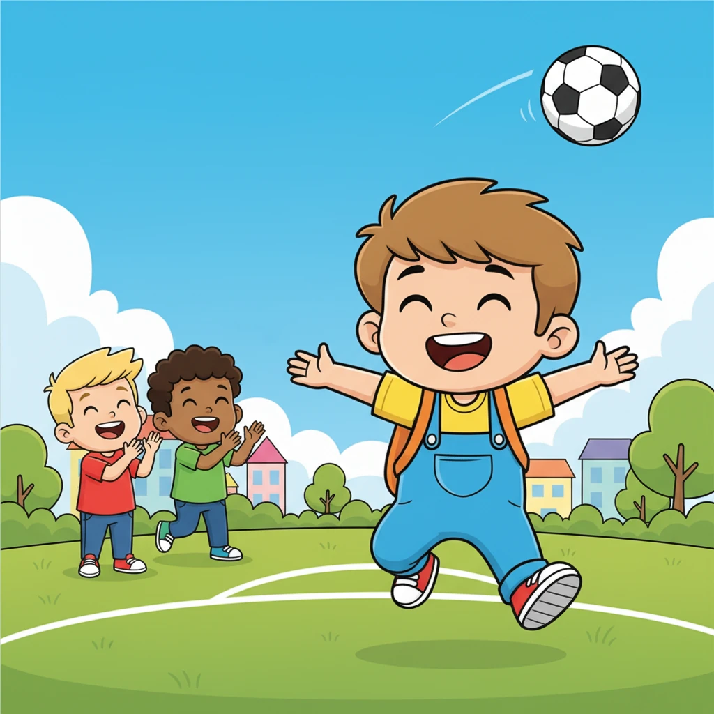 Leo spielt leidenschaftlich Fußball, er rennt über den Platz und jubelt nach einem tollen Schuss. Seine Freunde klatschen und lachen mit ihm. Der Ball fliegt hoch in den Himmel. Fußball ist sein größtes Hobby.