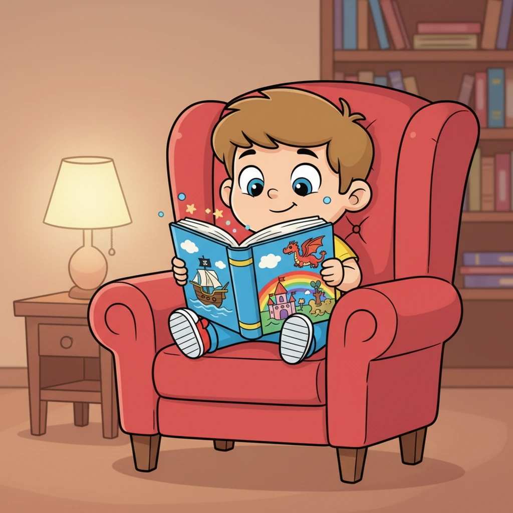 Zuhause entspannt sich Leo auf einem großen, gemütlichen Sessel und liest ein spannendes Buch. Die Seiten sind voller Abenteuer und bunter Bilder. Er taucht ganz in die Geschichte ein.