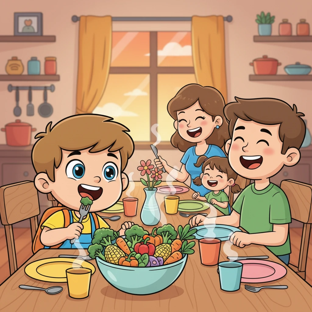 Beim Abendessen genießt Leo eine große Portion gesundes Essen mit viel frischem Gemüse. Seine Familie sitzt lachend am Tisch. Es riecht köstlich und schmeckt wunderbar.