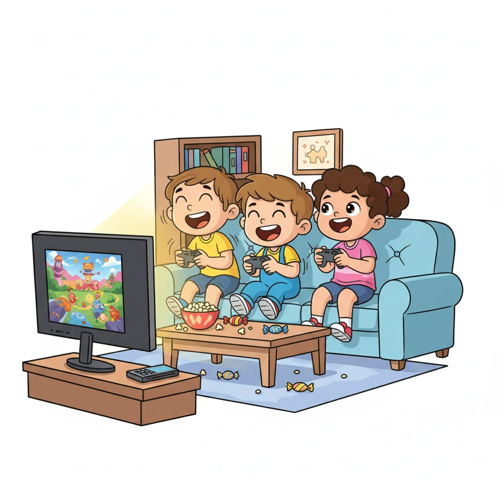 Leo und seine Freunde sitzen auf dem Sofa und spielen begeistert PlayStation. Die Controller fliegen in ihren Händen und ihre Gesichter leuchten im Schein des Bildschirms. Sie lachen und haben eine Menge Spaß.