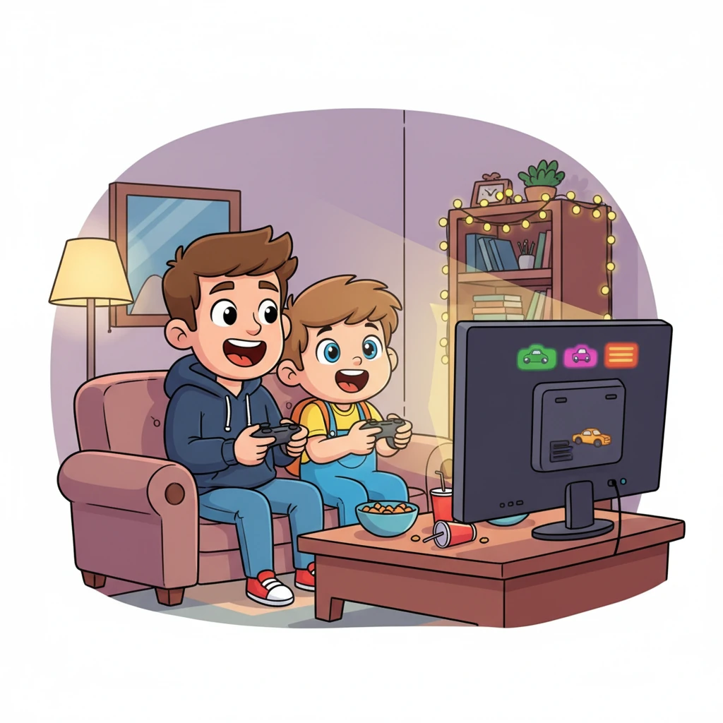 Später am Abend spielt Leo eine weitere Runde PlayStation, diesmal mit seinem Papa. Sie sitzen eng beieinander und feuern sich gegenseitig an. Es ist eine tolle gemeinsame Zeit voller Freude.